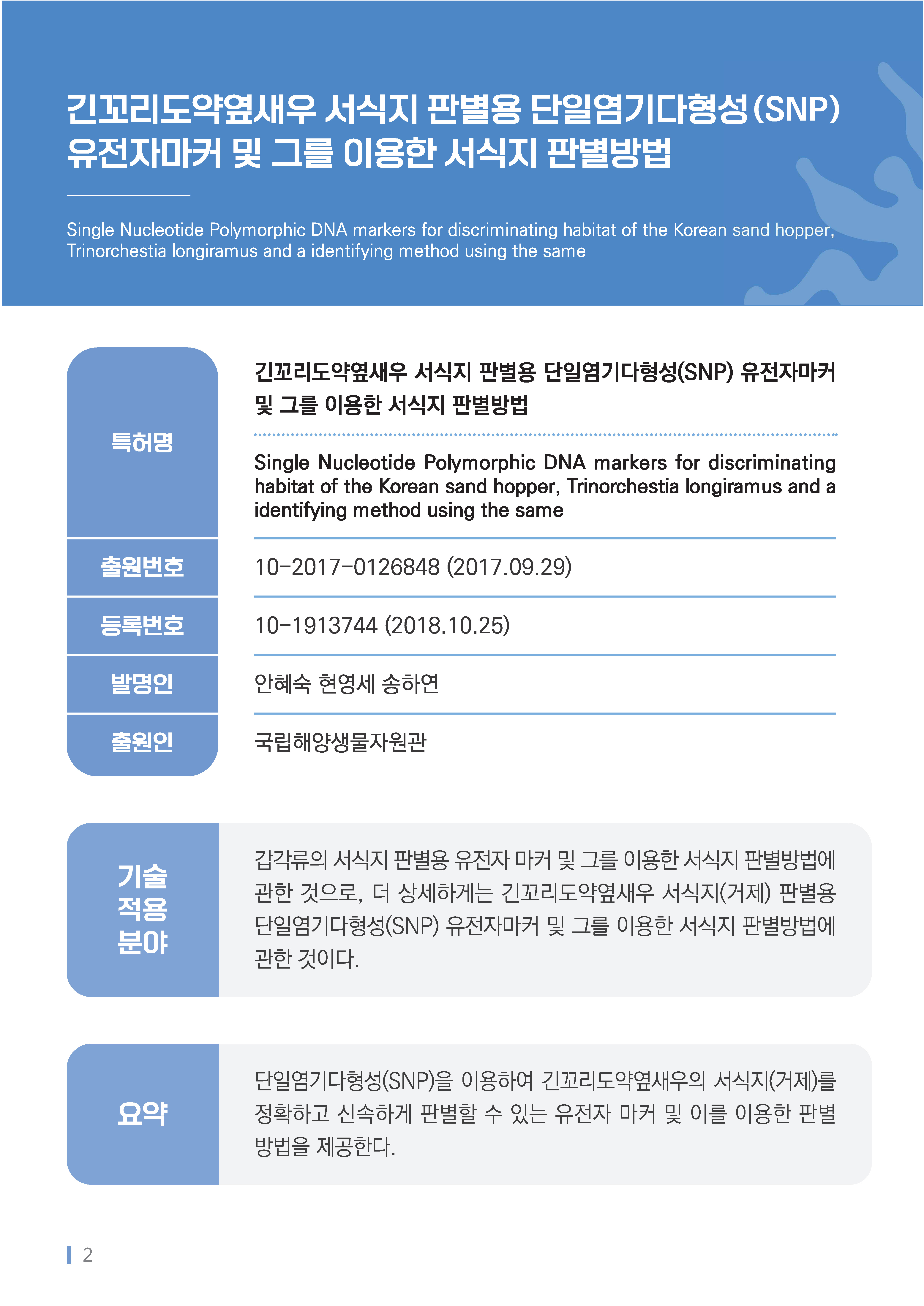 [소액] 긴꼬리도약옆새우 서식지 판별용 단일염기다형성(SNP) 유전자마커 및 그를 이용한 서식지 판별방법 대표이미지